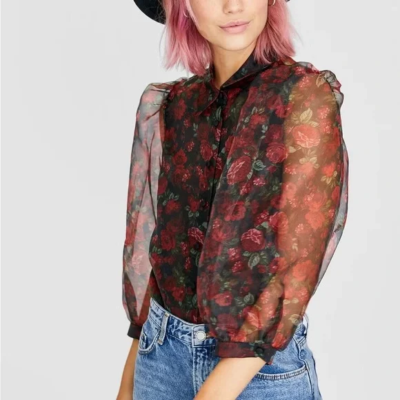 ♥️ Blashe Sheer Dramatic Floral Puff Sleeve Blouse - Picture 1 of 10